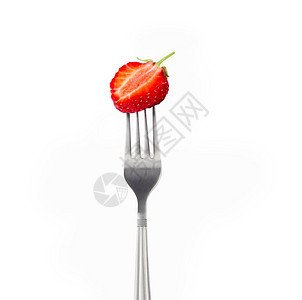 有机的白色背景上孤立的叉子新鲜草莓多汁甜图片