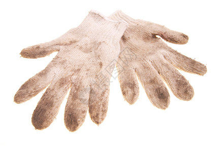 劳动在白色背景上分离的旧工作手套干净的肮脏图片