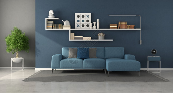 灯渲染现代客厅有蓝色沙发棚子书籍和装饰物品3D为蓝色现代化客厅配有书架和装饰物品公寓图片