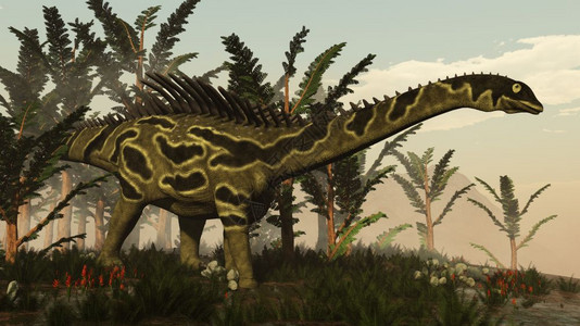 血清足类爬虫奥古斯丁蒂尼亚恐龙白天在植被中行走3D使奥古斯蒂尼亚恐龙3D产生图片