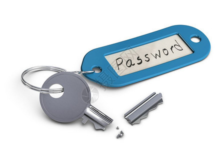 蓝色的黑客用塑料键盘断开的密钥上面有手写密码词在白背景上无效的密码或黑入概念毁坏图片