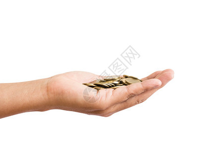 手掌中的硬币在白背景上与剪切路径隔绝保持银行业图片