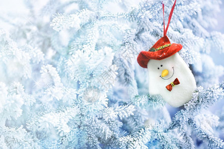 新的圣诞雪人索克挂在冬森林的树枝上帽子蓝色的图片