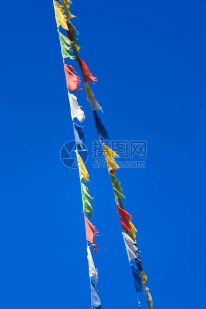 象征两排多彩的佛教祷告旗在蓝天背景风中挥舞和平丰富多彩的图片