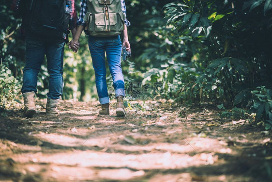 户外步行旅游年轻活跃行者的腿在森林中行走时手牵图片
