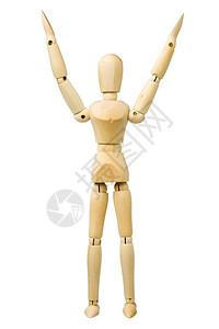 木制模拟假人手举起白背景的孤立手拉紧人体模型小路图片