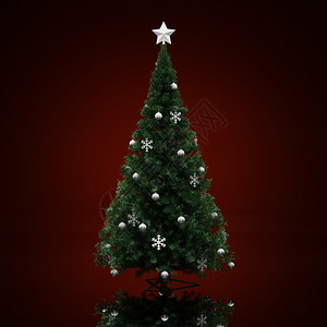 圣诞树装饰在黑暗的红色背景上星目的装饰品图片