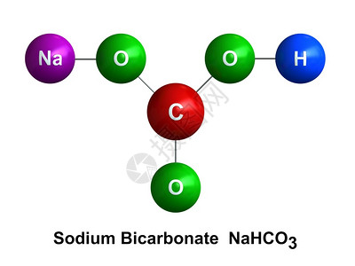 插图红色的碳酸氢钠白底原子上分离的碳酸钠子结构3d成形以色状和化学符号表列为氢H蓝色氧绿碳C红纳紫罗兰编码的球体图片