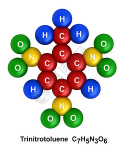黄色的白背景上孤立的三硝基甲苯分子结构的3d交式Atoms以含氟H蓝色氧化氢绿色氮N黄碳C红的颜和化学符号编码为星体球象征图片