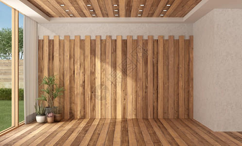 居住装有木墙地板和天花的空现代房间3D为空房配有木墙地板和天花当代的内部图片