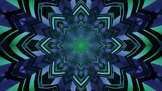 墙纸闪烁多彩的抽象艺术视觉背景重复恒星形状的装饰品创造了光学幻觉在4KUHD3d插图中以蓝色和绿射线照明用4K显示的极佳硅纤维隧图片
