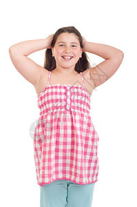 愉快可爱的小女孩肖像画在粉红色顶部与白背景隔绝快乐粉色的图片