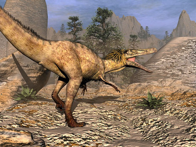 数字的使成为日落前在沙漠中行走的食虫恐龙通过日落3D使食虫恐龙步行3D古艺术图片