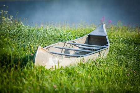 宁静草在湖边的船空渡夏天在湖边闲暇图片