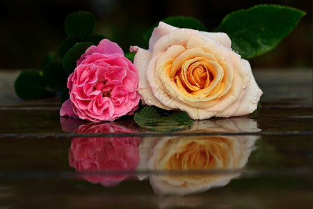 木制桌上玫瑰花束图片