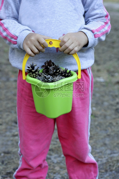 保持孩子季节这女拿着一个塑料桶满了松果图片