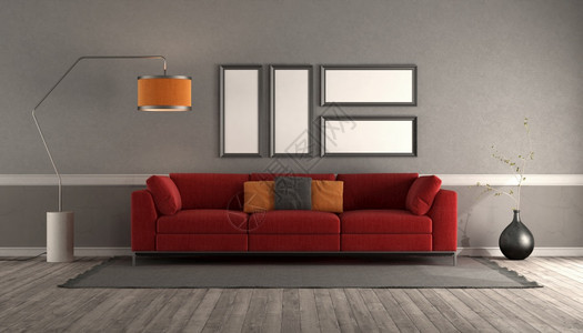 带有现代红沙发空图片框和地板灯的客厅3D将红色现代沙发放在旧房间里优雅公寓地面图片