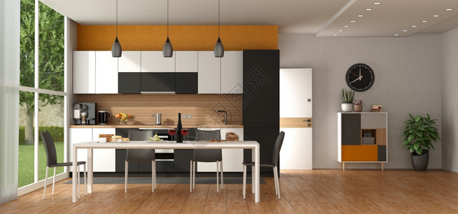 极简主义者黑色的枝形吊灯现代黑白厨房与橙色墙壁相对用餐桌开门和边板在背景上3D制成现代黑白厨房与餐桌图片
