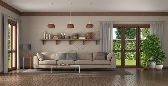 地毯公寓室内植物在一个大客厅内有木架和背景书籍的木架3D制成在大客厅内的优等沙发图片