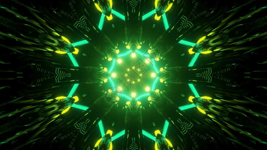 速度对称3d插图通过圆形黑洞穿透暗隧道有闪亮绿色荧光灯的踪迹为抽象未来背景提供亮几何装饰品带绿灯3d插图无尽通道活力图片