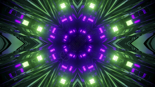 艺术品圆形的紫色以洞对称绿色和紫荧光灯在玻璃镜面墙中反射到几何隧道3d插图中反射到有光线的闪灯然后用圆洞和对称绿色紫亮光灯在Sc图片