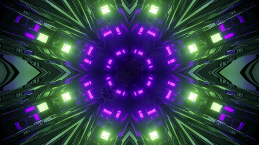 艺术品圆形的紫色以洞对称绿色和紫荧光灯在玻璃镜面墙中反射到几何隧道3d插图中反射到有光线的闪灯然后用圆洞和对称绿色紫亮光灯在Sc图片