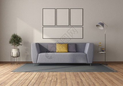 墙优雅的公寓紫色沙发在一个最起码的客厅里有空白的图片框3D将紫色沙发放在一个最起码的房间里图片