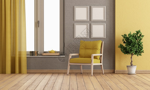 现代的灰色和黄房间有手椅和大窗户3D制成灰色和黄房间硬木地板上有椅子扶手居住图片