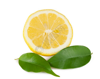 白色的明亮水平黄色柠檬两叶子在白色背景上分离图片