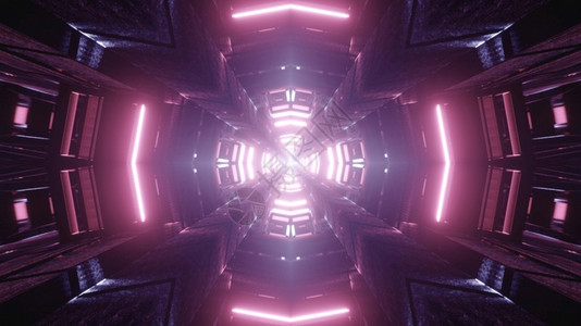 Kaleidoscospic3D显示对称十字形隧道用生动紫色灯具照亮了3D显示带亮光的十字形隧道叉插图抽象的图片