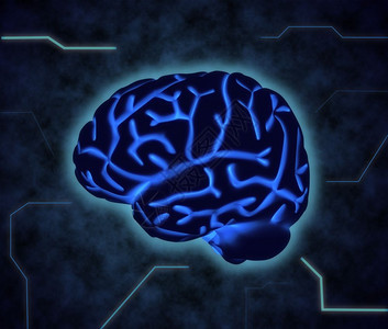 电脑未来派智力人类大脑在蓝色的阴影下与Hud元素3D转化成图片