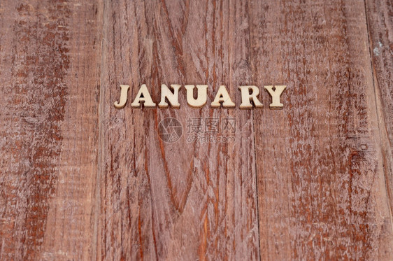 放艺术品时尚月日历模板木质背景上的月份名称1图片