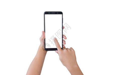 触碰在线的互联网白色背景上隔离的带空屏幕智能手机儿童使用剪切路径的白背景对象图片