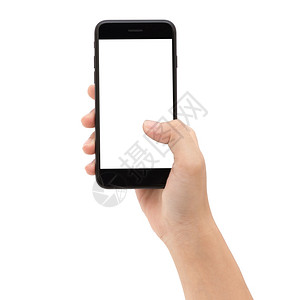 近距离手持在白色背景剪切路径上隔离的电话白屏幕在色背面隔离的电话白屏幕上抓着手机白屏幕保持色的剪裁图片