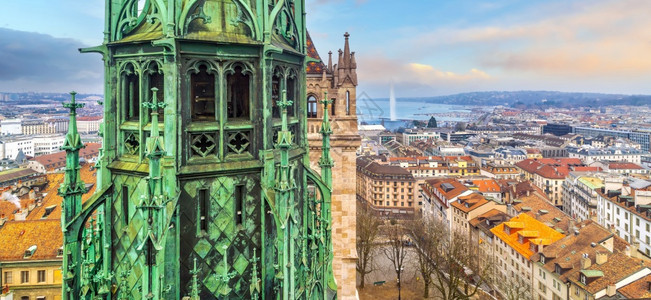 日内瓦与瑞士城市景色日内瓦湖的落一线城市天际老的地标欧洲图片