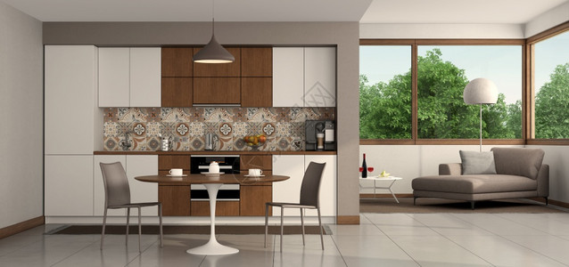 地面用餐墙配备现代厨房的客厅圆桌餐和背景休息室3D为有现代厨房和圆桌会议的客厅提供现代厨房图片