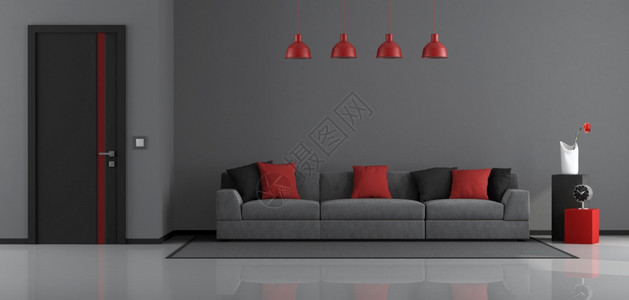 灰色黑和红现代客厅配有沙发和封闭门3D制成灰色黑和红现代客厅水平的渲染地毯图片