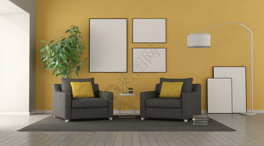 现代客厅的黑色椅子背面有黄色墙3D制成在现代客厅的黑色椅子家具地面房间图片