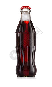 立方体带红盖的玻璃瓶和里面碳酸饮料隔离在白色背景上带红盖的玻璃瓶和里面碳酸饮料水图片