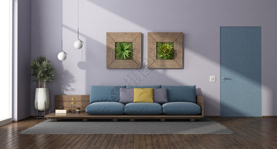镶木地板带有沙发冲水墙门和家用植物的客厅3D为现代客厅配有木沙发和蓝色垫子的木沙发房间建筑学图片