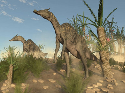 爬虫两只沙洛磷恐龙在白昼和柳叶树之间行走每天3D使索罗洛磷恐龙变成3D甲癣风景优美图片