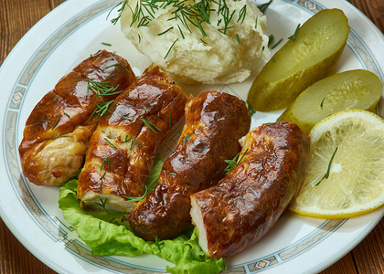 五香菜肴丹麦自制烹饪品传统各种菜盘TopView香肠由肉熟猪和面粉制作彩图片
