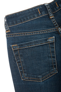 蓝色牛仔裤背面口袋在白色背景上被孤立白色的黑暗织物图片