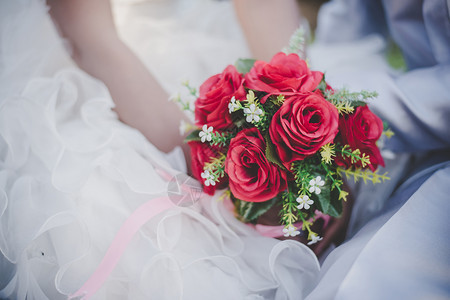 庆典新娘手里握着婚礼红玫瑰花束新郎拥抱娘手中握着婚礼红玫瑰花束新郎拥抱娘在一起的结婚情人概念婚情爱年轻的人类图片
