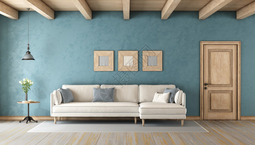 蓝色的木制桌子蓝色客厅有白沙发木质天花板和关闭的门3D图片