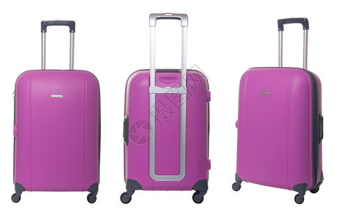 游客以白色背景隔离的粉红色旅行手提箱收集李商业图片