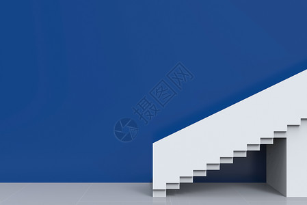极简主义3d使现代白色楼梯具有蓝复制空间墙壁背景地面进步图片