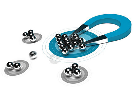 顾客一种只蓝色马蹄铁磁在目标中心吸引金属球白背景集聚区吸引消费者概念一股蓝色马蹄铁磁在目标中心吸引金属球沟通图片