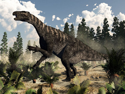 Iguanodon恐龙在野生植物囊形和雪白之间随日行走时咆哮3D使Iguanodon咆哮3D变成D草食爬虫蕨类图片