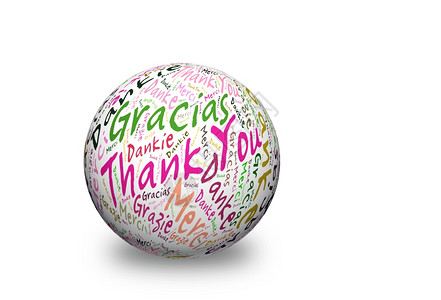 3D球体上写成的文字云以多种语言如mercimahalodankegraciasfitosgrazie等丹克法国单词图片